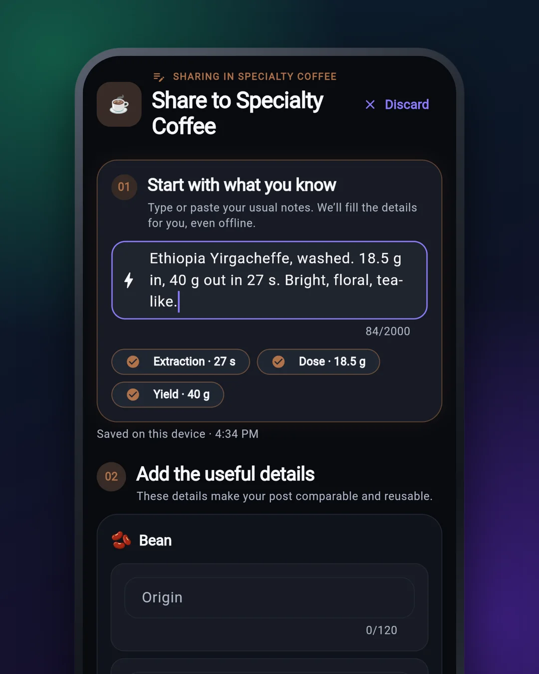 The share screen for a coffee entry. The note reads: Ethiopia Yirgacheffe, washed. 18.5 g in, 40 g out in 27 s. Below it the app has recognised three values: extraction 27 s, dose 18.5 g, yield 40 g.